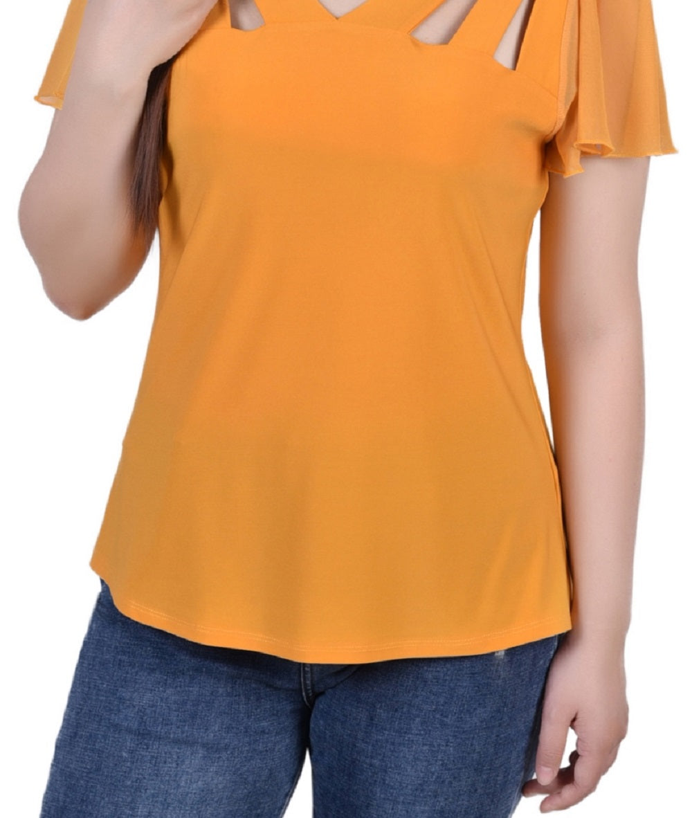 Blusa feminina manga curta esvoaçante NY Collection, amarela, tamanho pequeno