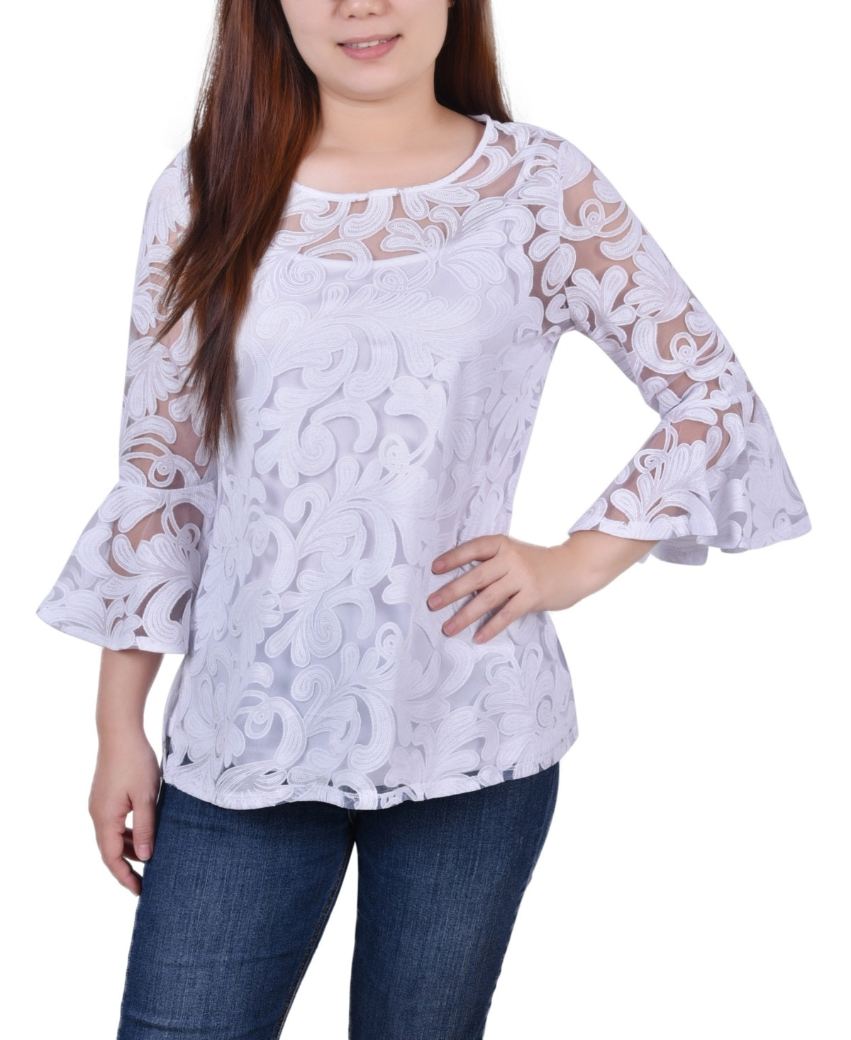 Blusa feminina NY Collection com manga sino e camisola lisa, branca, tamanho M