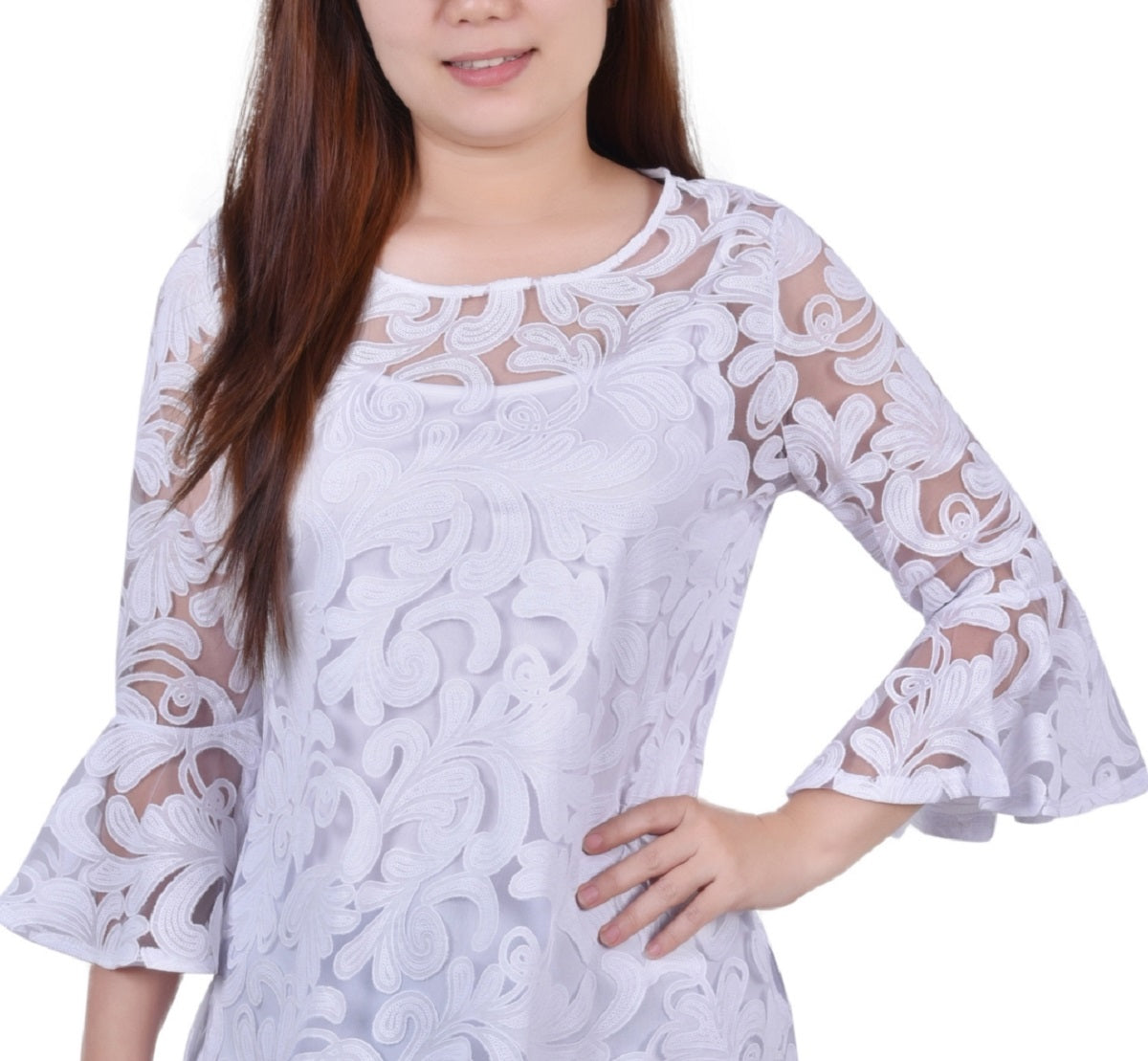 Blusa feminina NY Collection com manga sino e camisola lisa, branca, tamanho M