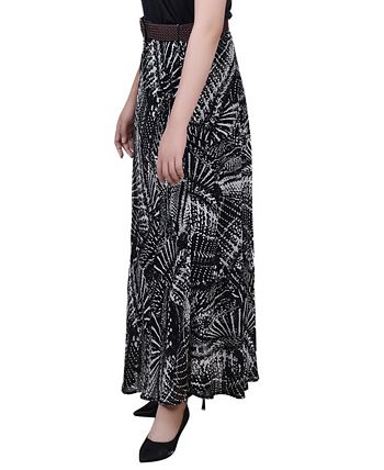 Saia longa feminina de chiffon estampada com cinto, preta, tamanho pequeno grande, NY Collection
