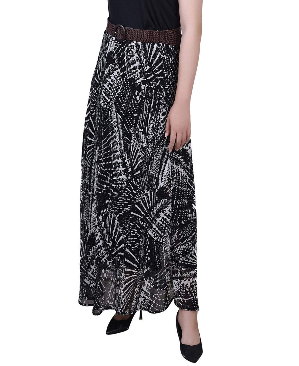 Saia longa feminina de chiffon estampada com cinto, preta, tamanho pequeno grande, NY Collection