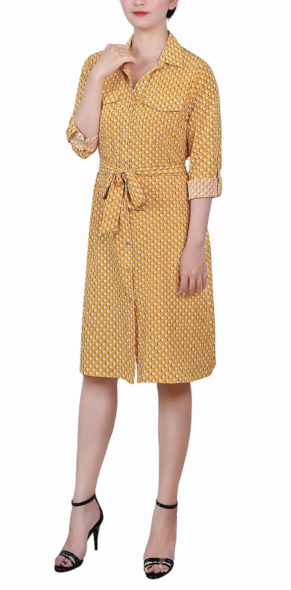 Vestido-camisa feminino estampado de manga comprida com aba dobrada, tamanho pequeno e grande, amarelo, da coleção NY