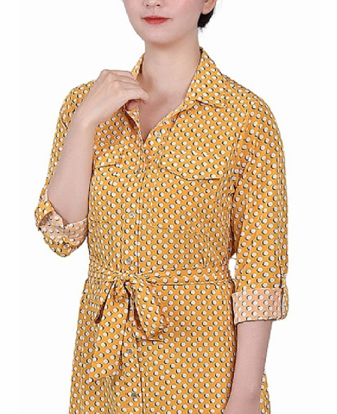 Vestido-camisa feminino estampado de manga comprida com aba dobrada, tamanho pequeno e grande, amarelo, da coleção NY