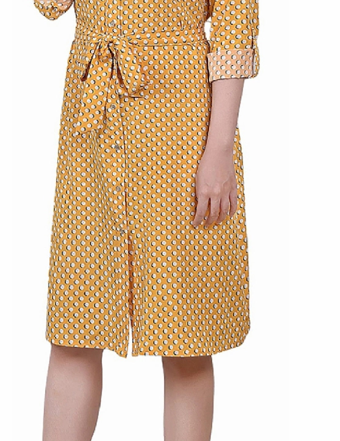 Vestido-camisa feminino estampado de manga comprida com aba dobrada, tamanho pequeno e grande, amarelo, da coleção NY