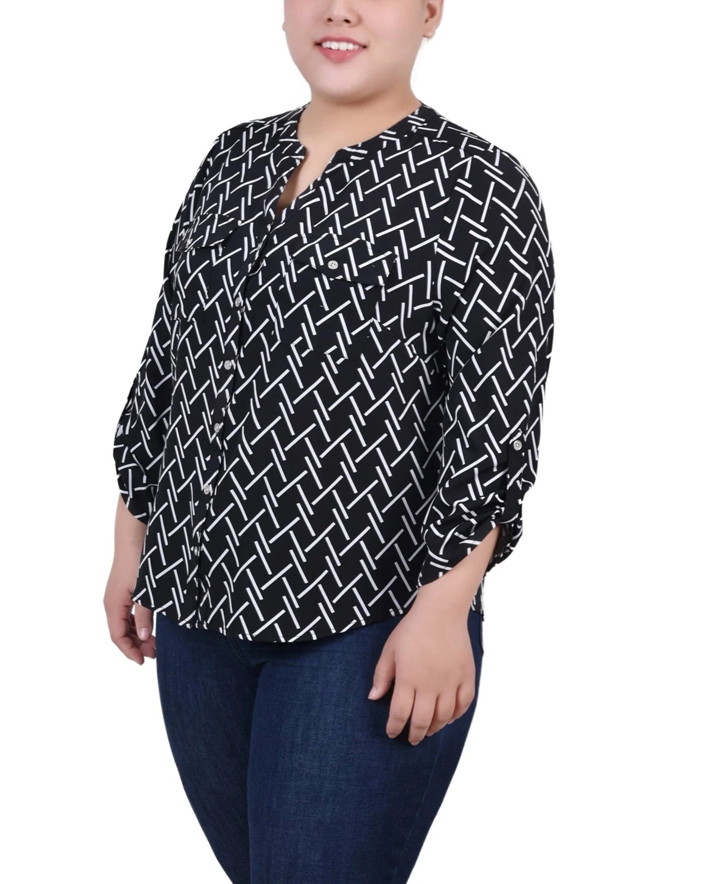 Blusa feminina plus size NY Collection, manga 3/4, gola Y, preta, tamanho 2X
