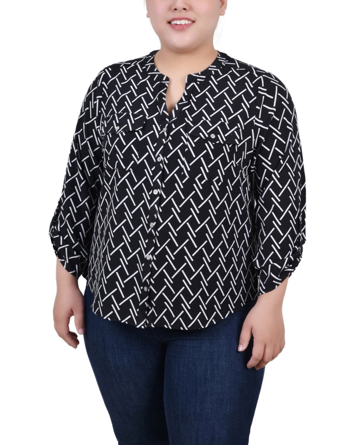 Blusa feminina plus size NY Collection, manga 3/4, gola Y, preta, tamanho 2X