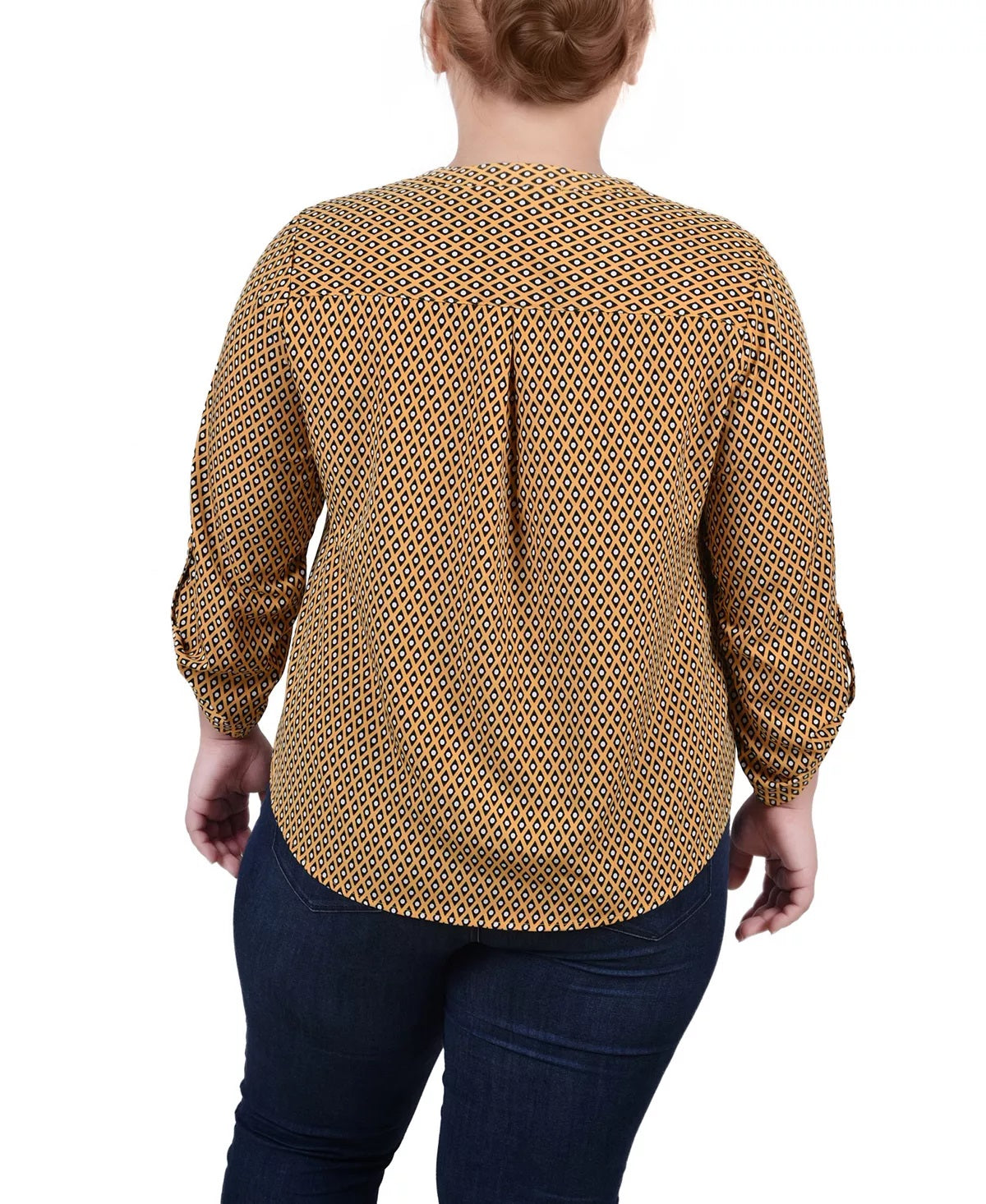 Blusa feminina NY Collection com manga 3/4 e decote em Y, amarela, tamanho 2X