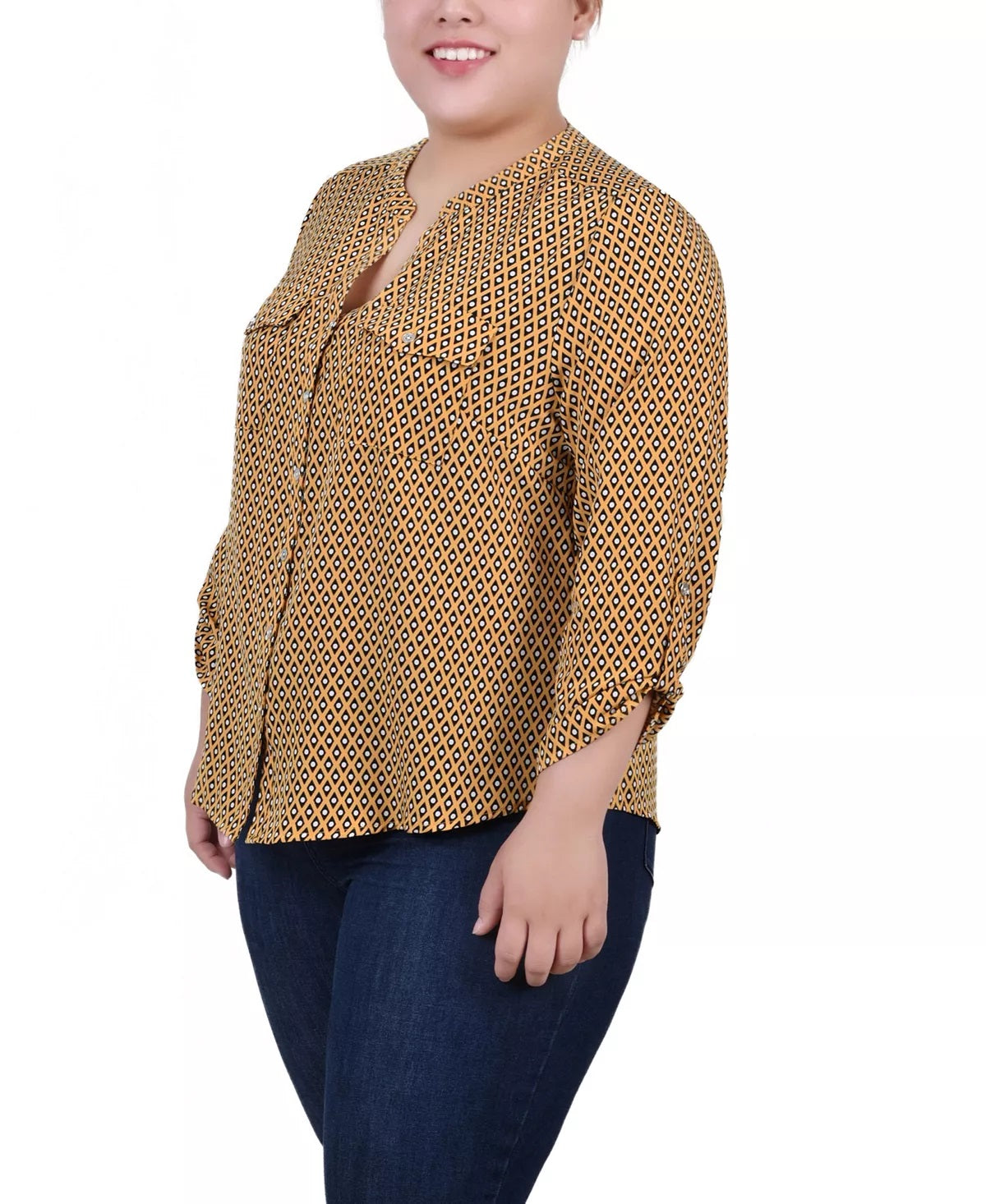 Blusa feminina NY Collection com manga 3/4 e decote em Y, amarela, tamanho 2X