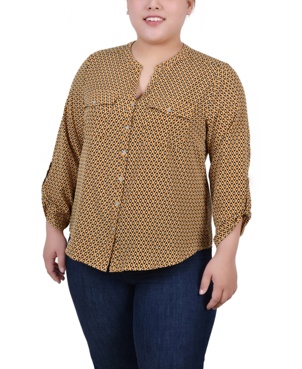 Blusa feminina NY Collection com manga 3/4 e decote em Y, amarela, tamanho 2X