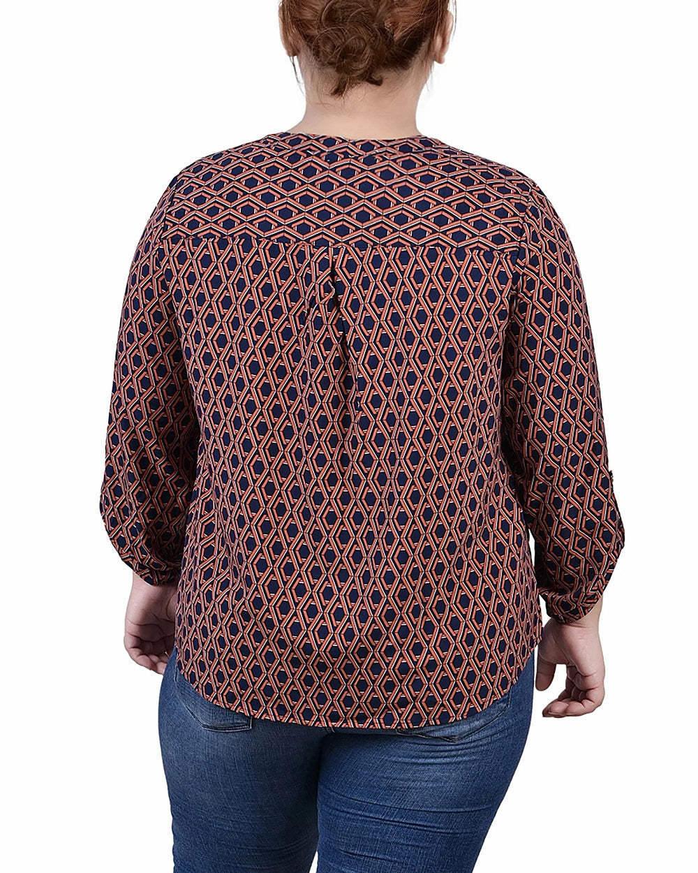 Blusa feminina plus size NY Collection, manga 3/4, gola Y, azul, tamanho 2X