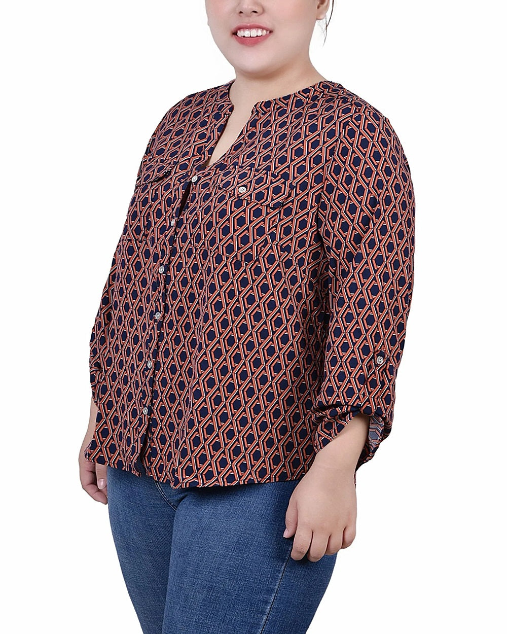 Blusa feminina plus size NY Collection, manga 3/4, gola Y, azul, tamanho 2X