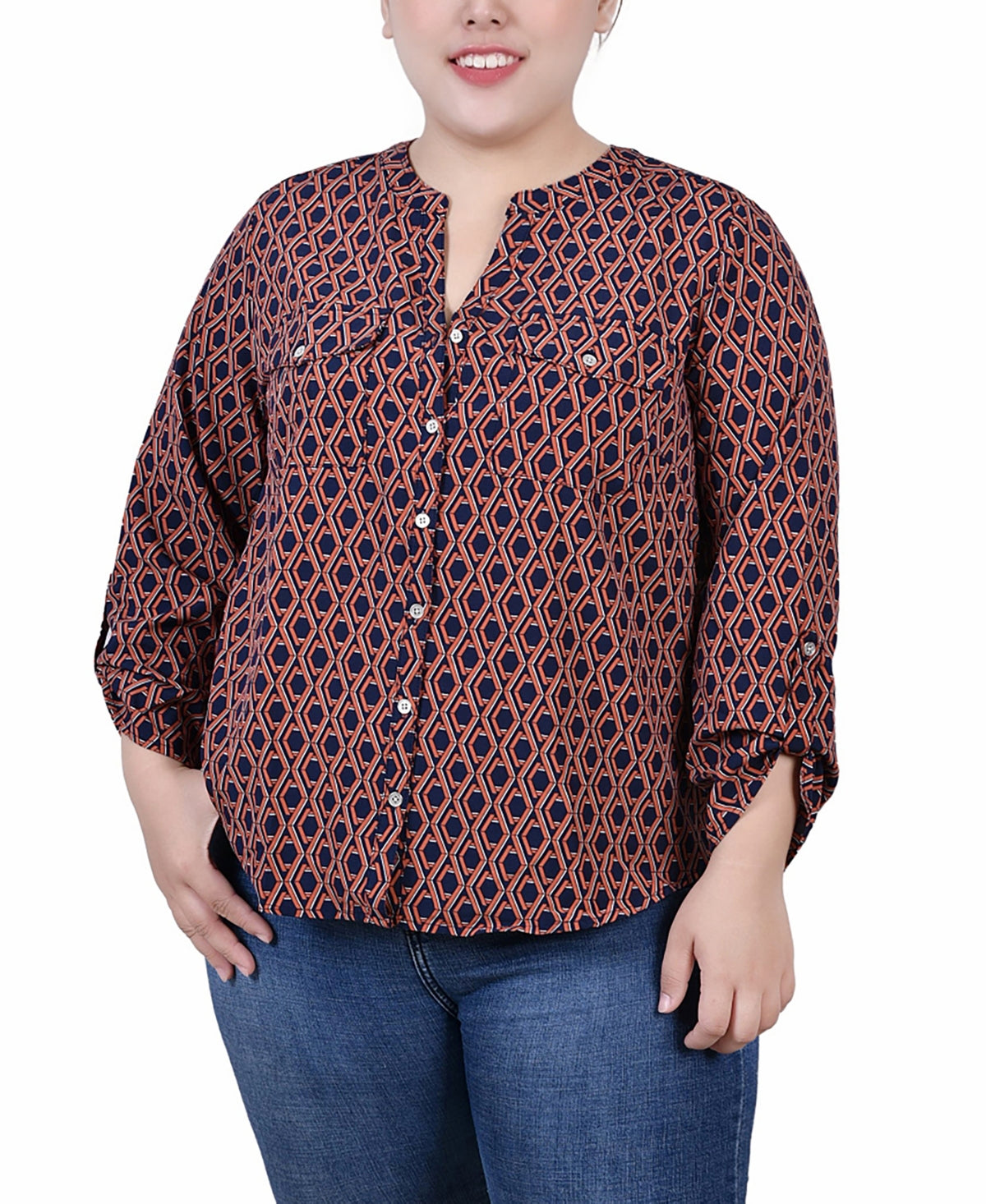 Blusa feminina plus size NY Collection, manga 3/4, gola Y, azul, tamanho 2X