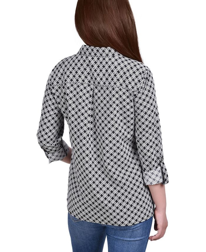 Blusa feminina NY Collection com manga 3/4 e gola entalhada e aba dobrada, tamanho pequeno médio, cinza
