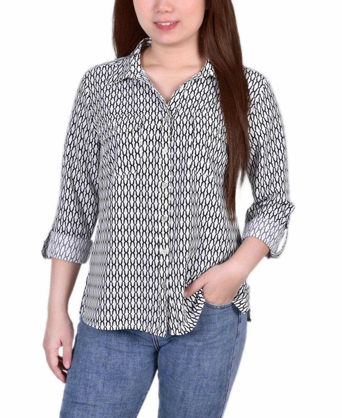 Blusa feminina NY Collection com manga 3/4 e gola entalhada e aba dobrada, tamanho pequeno médio, cinza