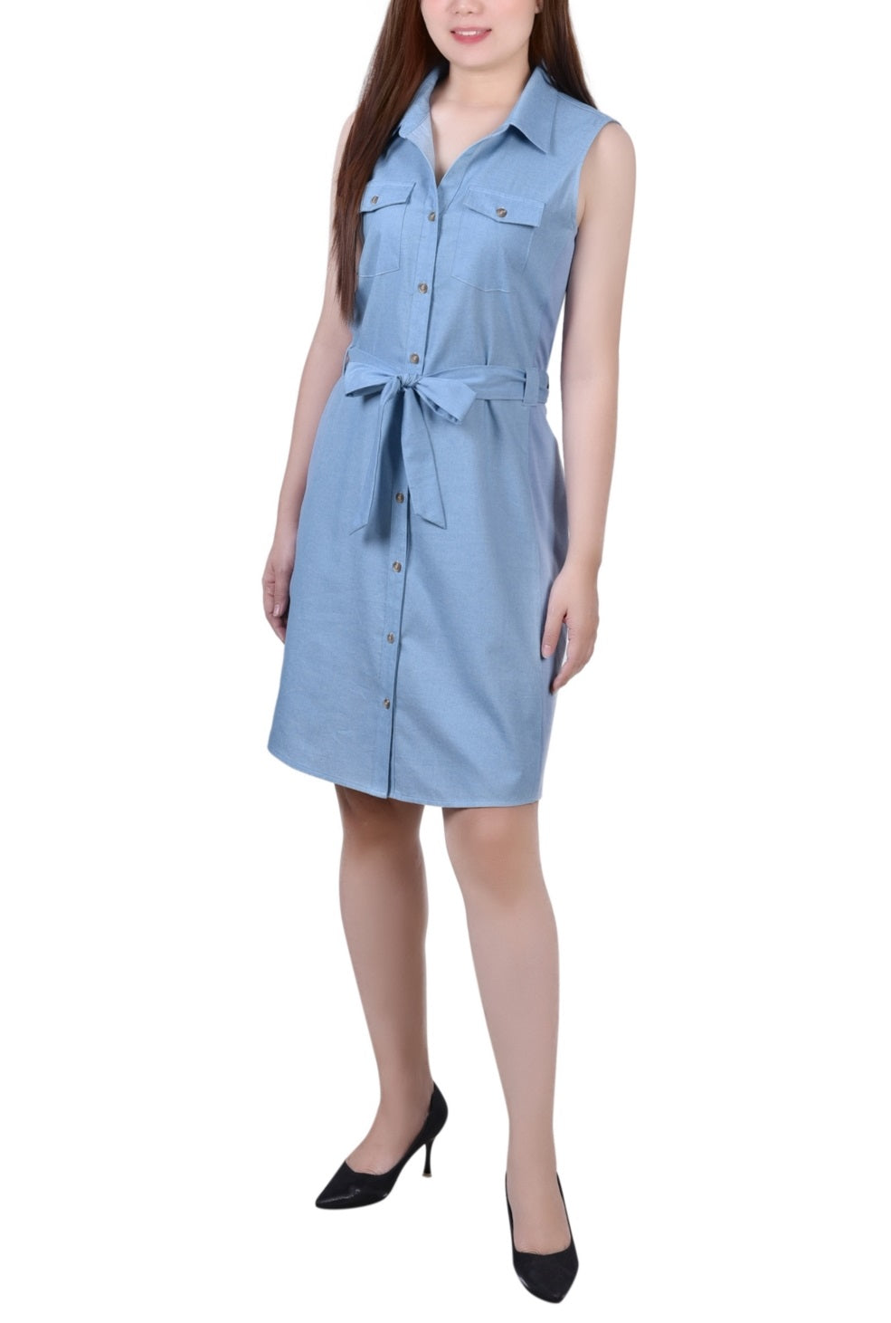 Vestido de cambraia feminino sem mangas com cinto e cinto Ny Collection, azul, tamanho médio