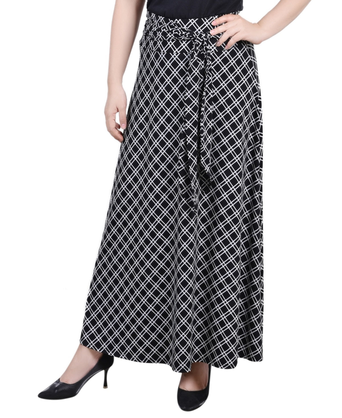 Saia longa estampada feminina NY Collection com faixa na cintura e amarração, preta, tamanho pequeno médio
