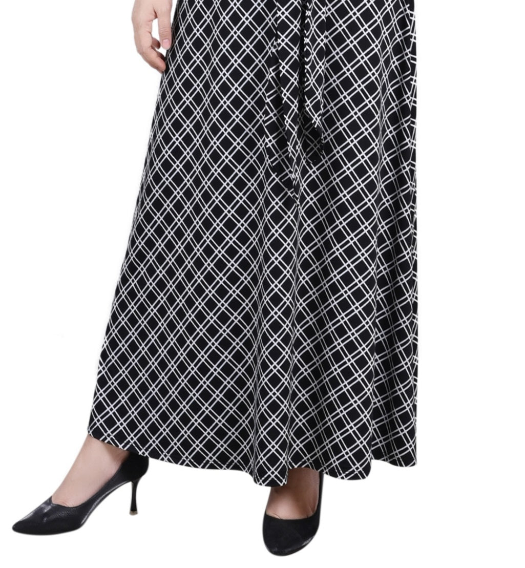 Saia longa estampada feminina NY Collection com faixa na cintura e amarração, preta, tamanho pequeno médio