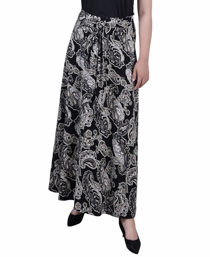 Saia longa estampada feminina NY Collection com faixa na cintura e amarração, preta, tamanho pequeno médio