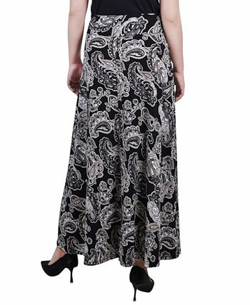Saia longa estampada feminina NY Collection com faixa na cintura e amarração, preta, tamanho pequeno médio