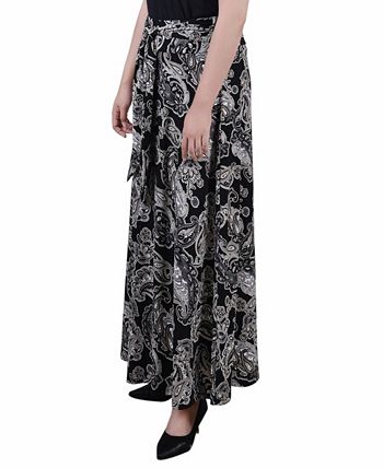 Saia longa estampada feminina NY Collection com faixa na cintura e amarração, preta, tamanho pequeno médio