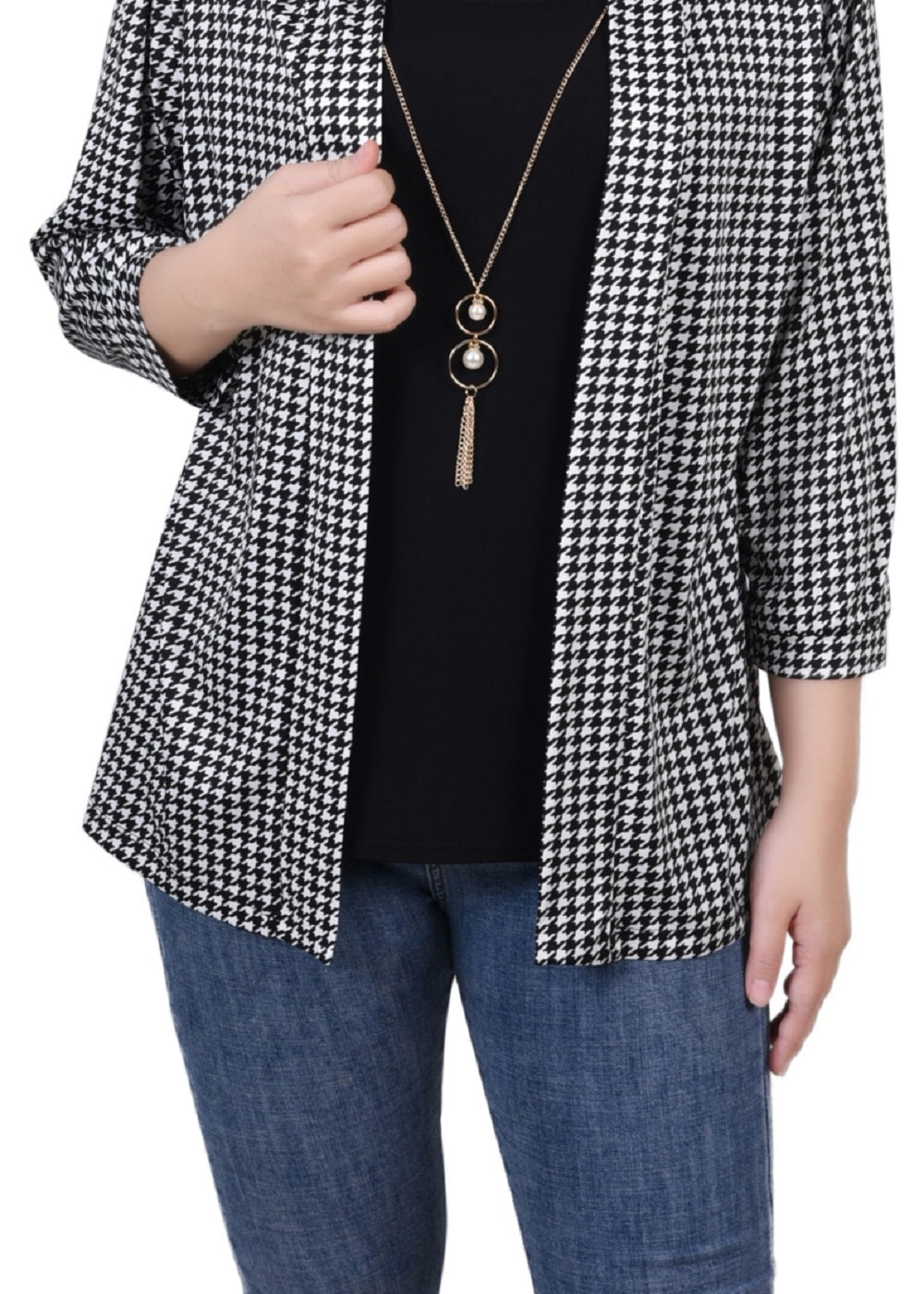 Blusa feminina NY Collection manga 3/4 Two Fer, preta, tamanho pequeno médio