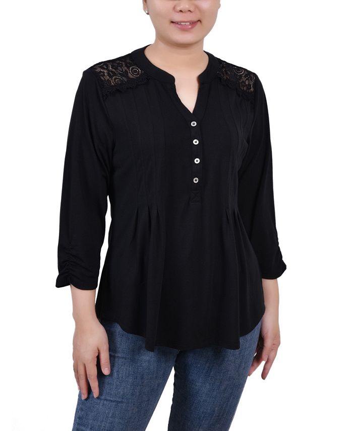 Blusa feminina NY Collection com manga franzida e pregas, preta, tamanho pequeno grande
