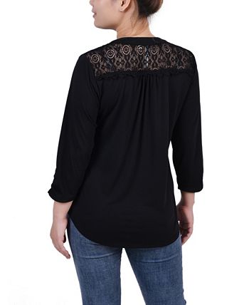 Blusa feminina NY Collection com manga franzida e pregas, preta, tamanho pequeno grande