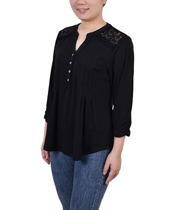Blusa feminina NY Collection com manga franzida e pregas, preta, tamanho pequeno grande