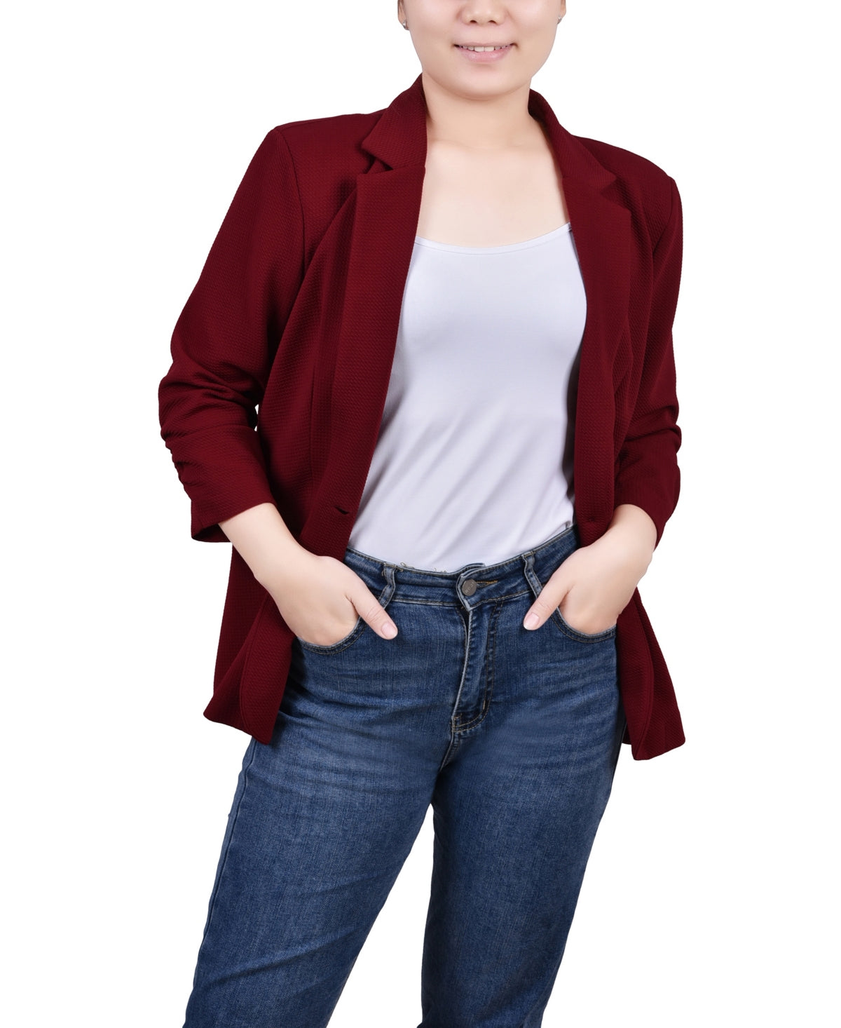 Jaqueta de crepe Scuba feminina NY Collection com manga 3/4, vermelha, tamanho pequeno M