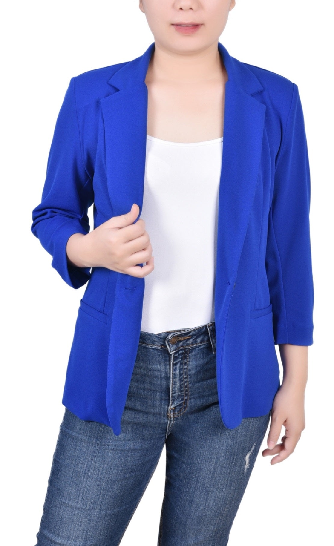 Jaqueta de crepe Scuba feminina NY Collection com manga 3/4, azul, tamanho pequeno e pequeno