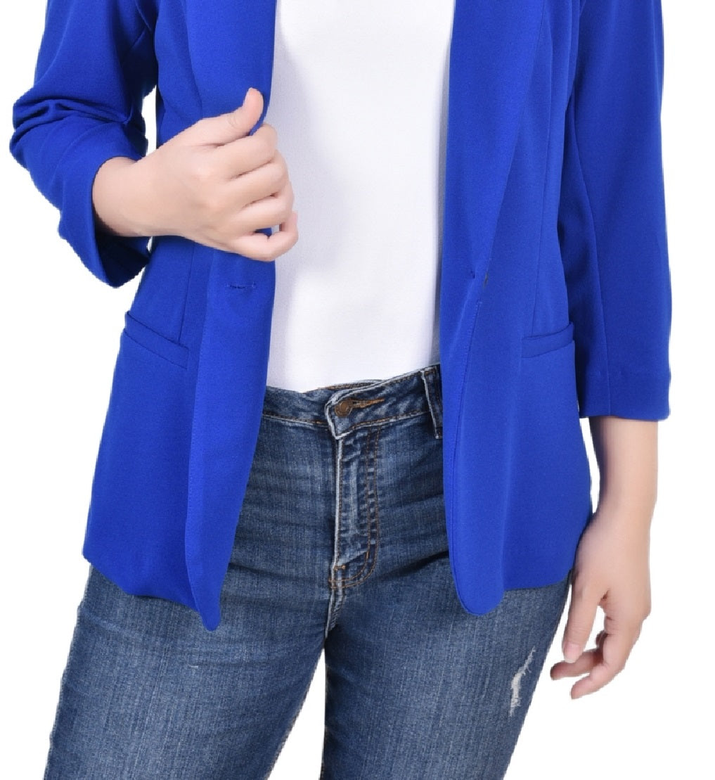 Jaqueta de crepe Scuba feminina NY Collection com manga 3/4, azul, tamanho pequeno e pequeno