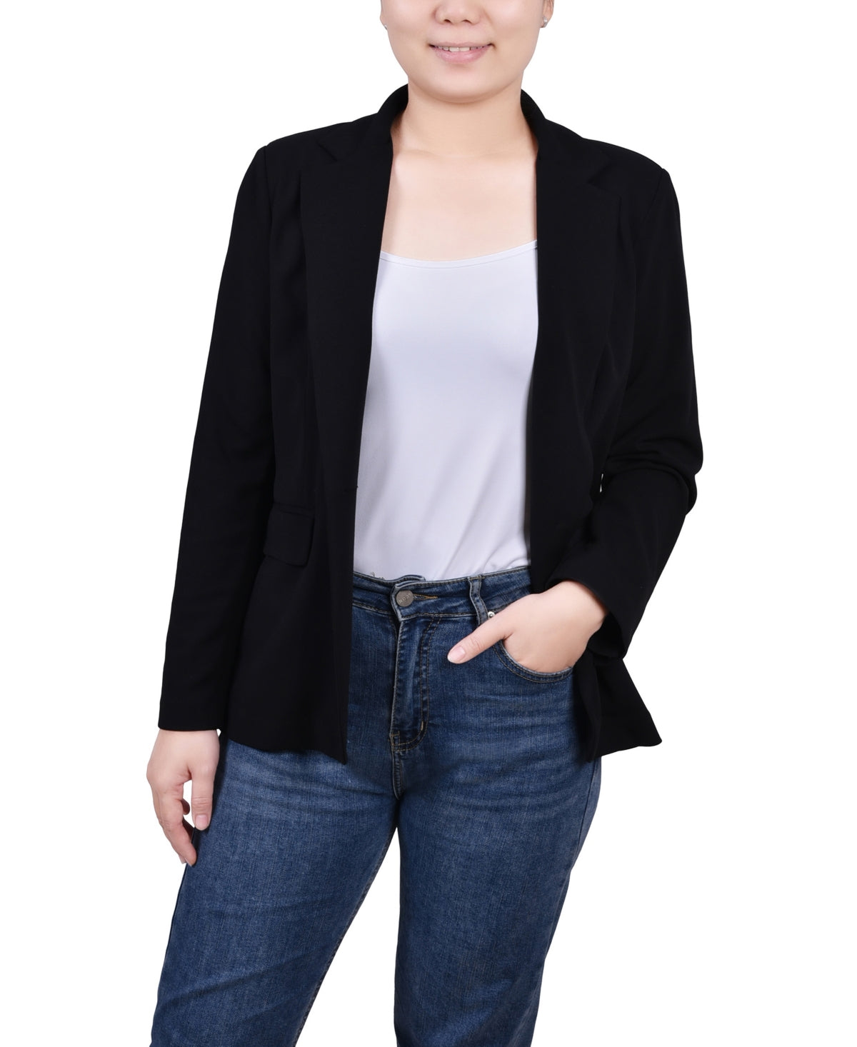 Jaqueta de crepe Scuba feminina de manga comprida da NY Collection, preta, tamanho pequeno grande