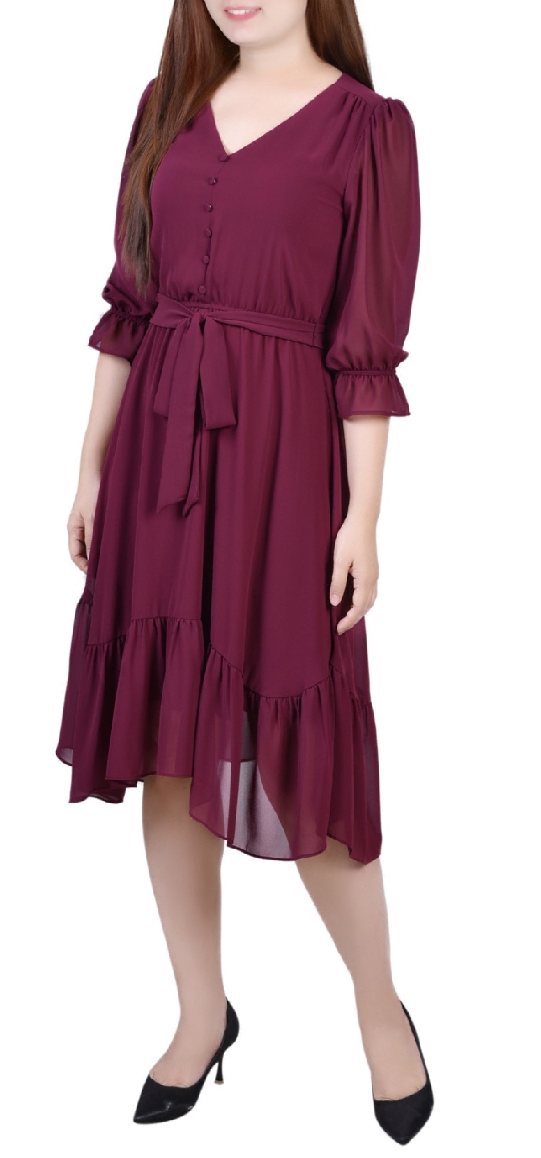 Vestido feminino NY Collection com manga 3/4, decote em V e babados, tamanho pequeno e grande, vermelho