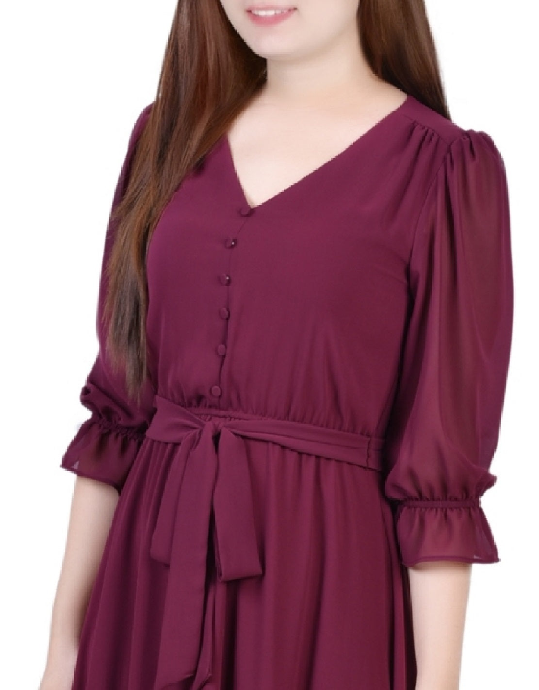 Vestido feminino NY Collection com manga 3/4, decote em V e babados, tamanho pequeno e grande, vermelho