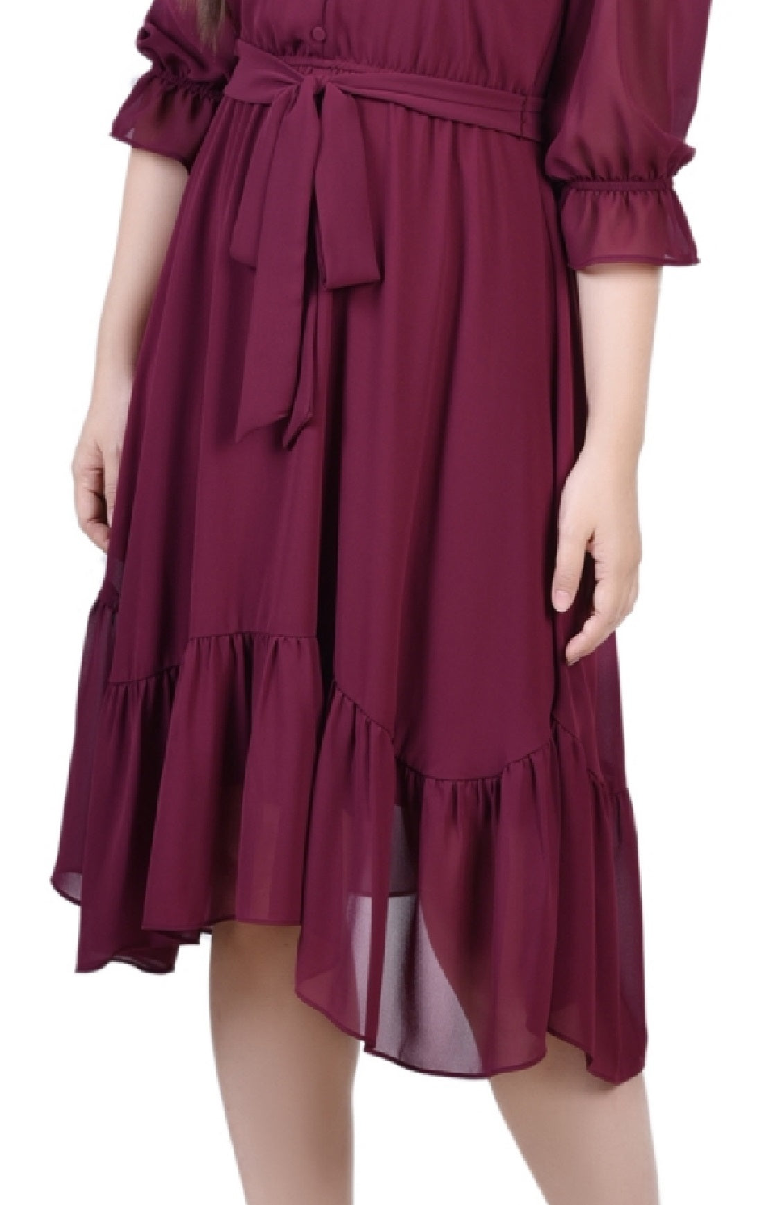 Vestido feminino NY Collection com manga 3/4, decote em V e babados, tamanho pequeno e grande, vermelho