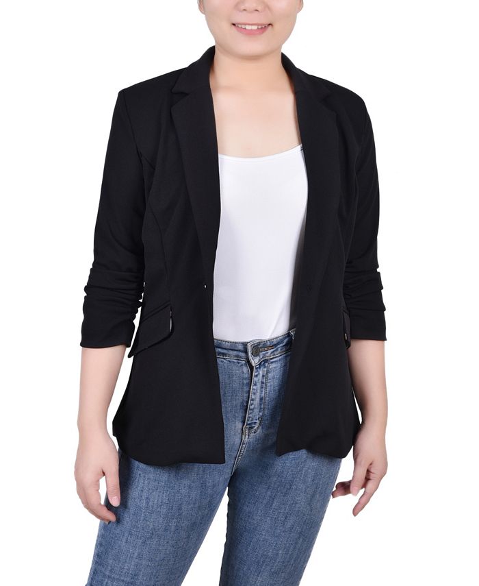 Jaqueta de crepe feminina NY Collection com manga franzida 3/4, preta, tamanho extragrande