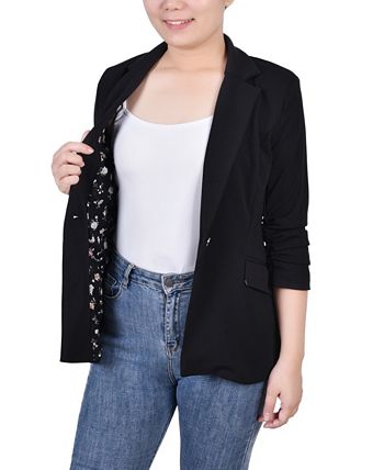 Jaqueta de crepe feminina NY Collection com manga franzida 3/4, preta, tamanho extragrande