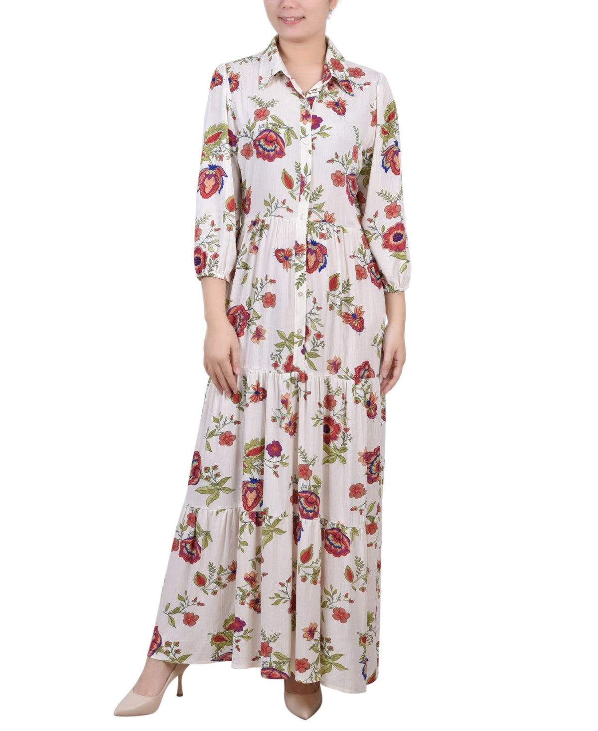 Vestido longo feminino NY Collection com manga 3/4 e babados em camadas, tamanho pequeno, médio, branco