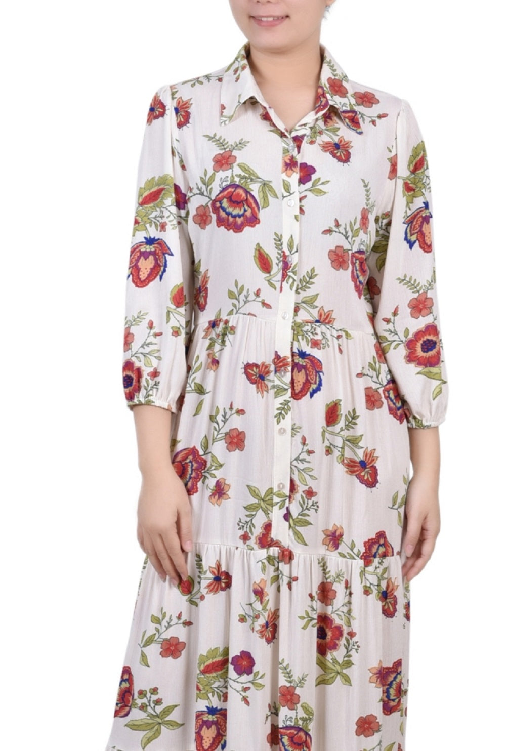 Vestido longo feminino NY Collection com manga 3/4 e babados em camadas, tamanho pequeno, médio, branco