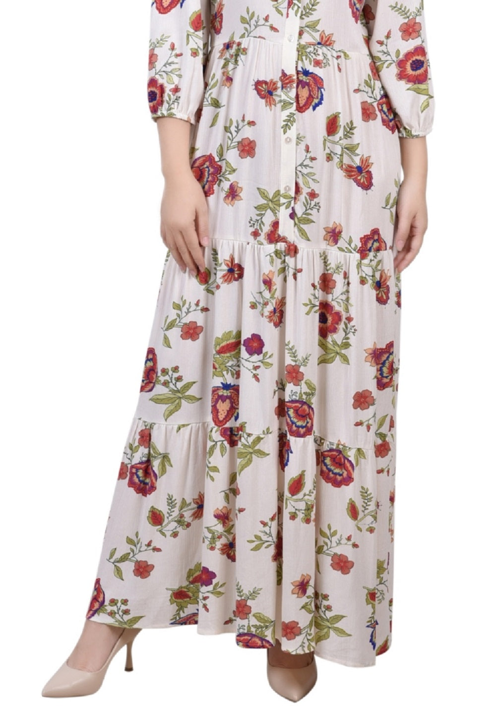 Vestido longo feminino NY Collection com manga 3/4 e babados em camadas, tamanho pequeno, médio, branco