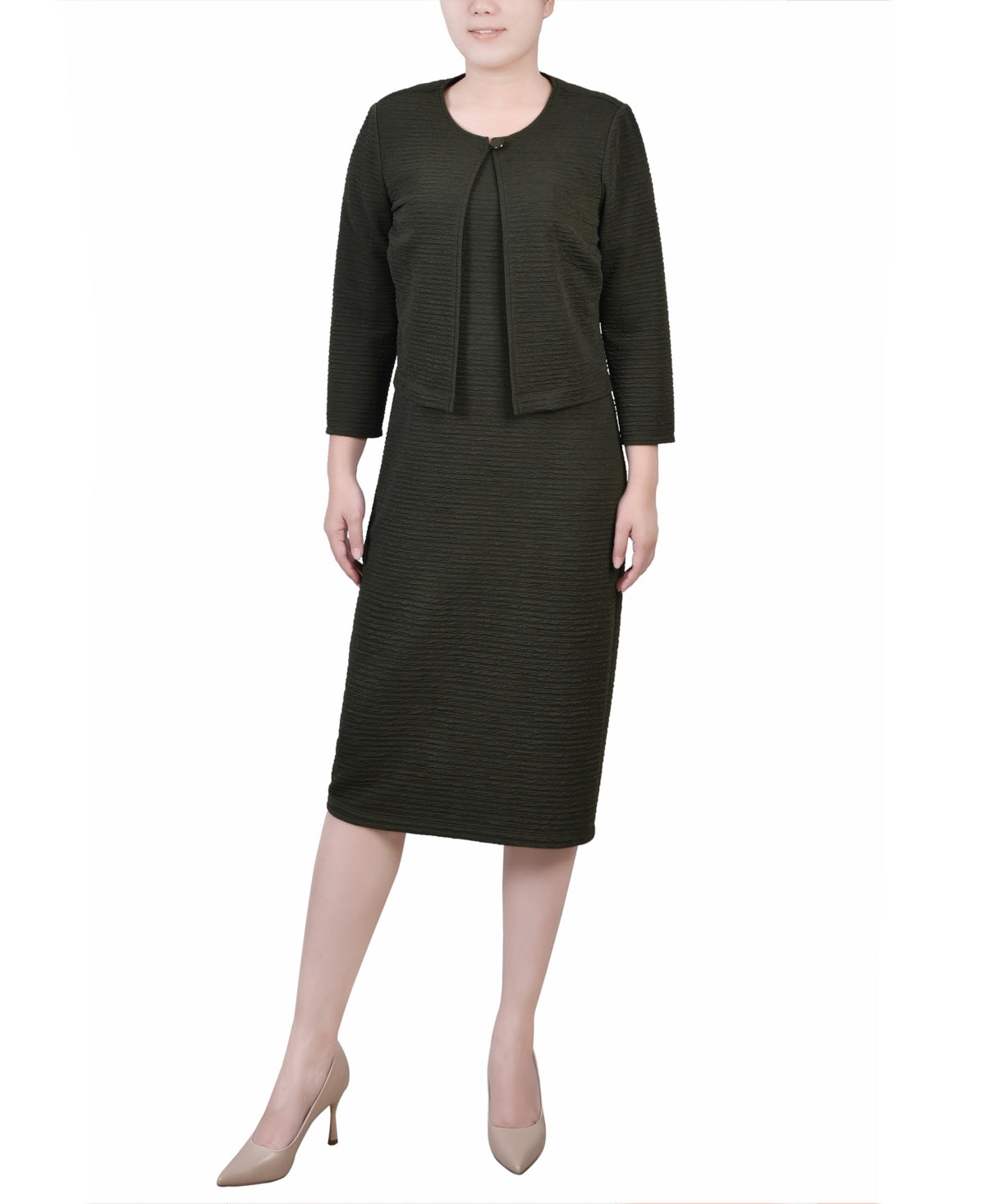 Conjunto de vestido texturizado de duas peças com manga 3/4 feminino NY Collection, verde, tamanho 14