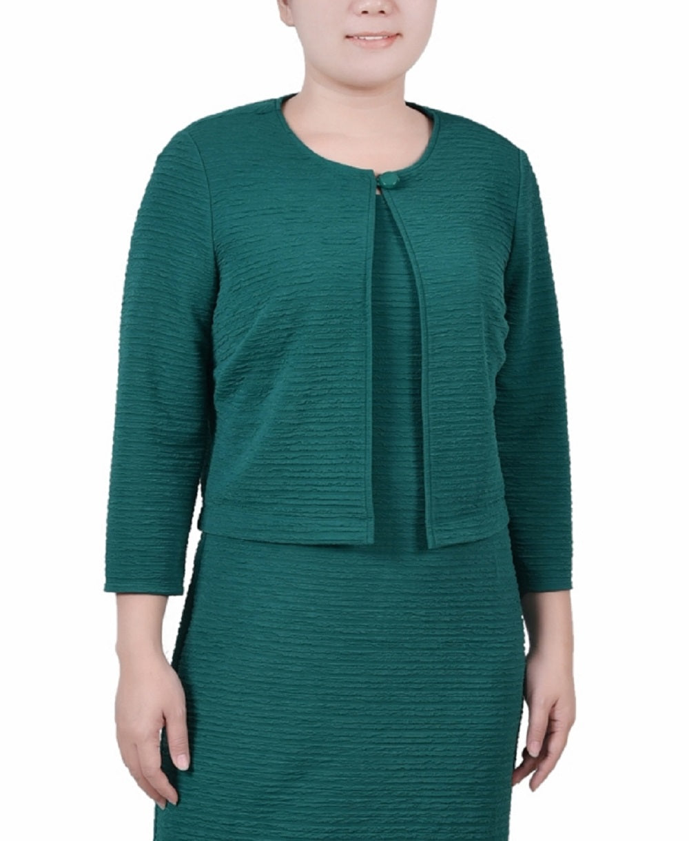 Conjunto de vestido texturizado de duas peças com manga 3/4 feminino NY Collection, verde, tamanho 14, pequeno