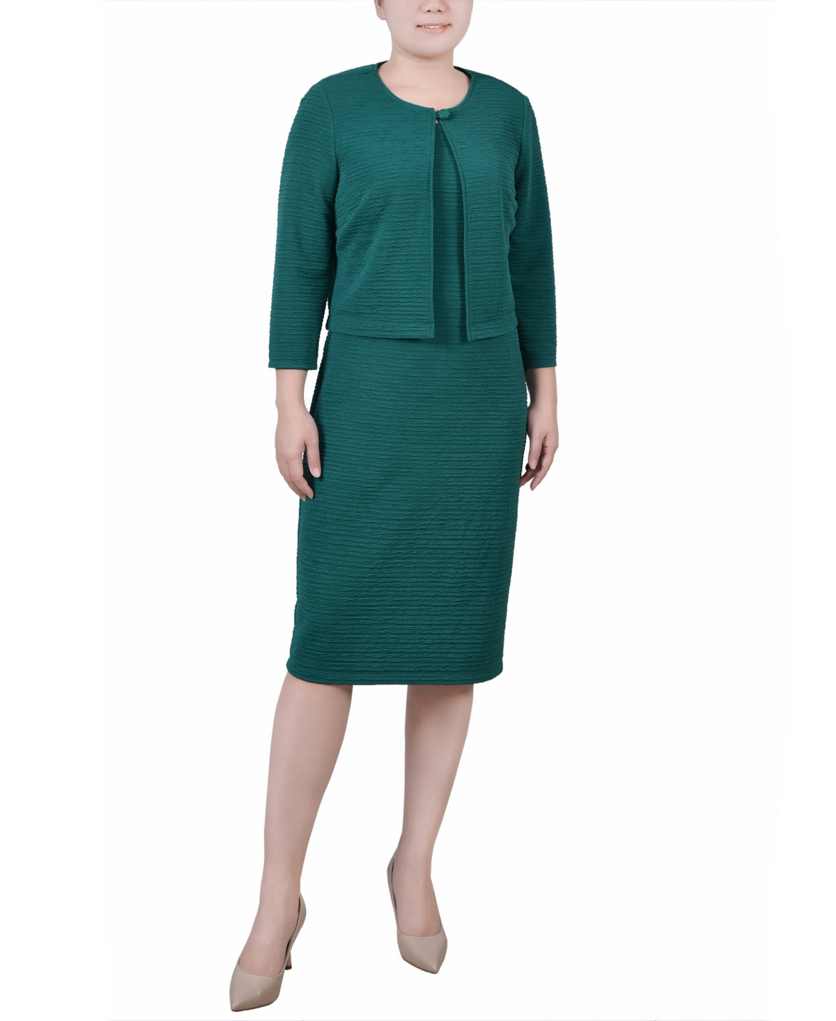 Conjunto de vestido texturizado de duas peças com manga 3/4 feminino NY Collection, verde, tamanho 14, pequeno