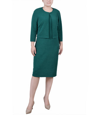 Conjunto de vestido texturizado de duas peças com manga 3/4 feminino NY Collection, verde, tamanho 14, pequeno