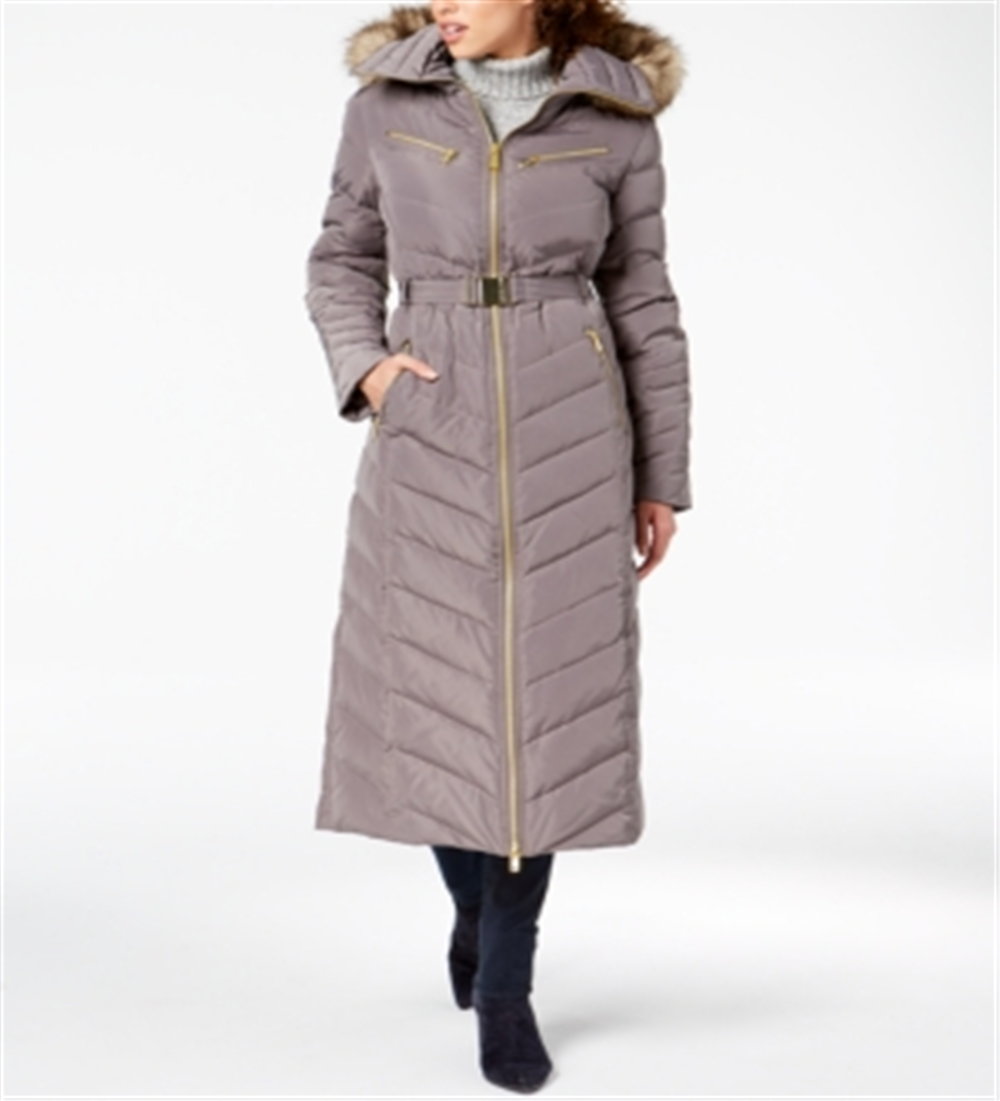 Michael Kors Women's Faux Fur Trim Belted Puffer Coat Gray Size X-Small