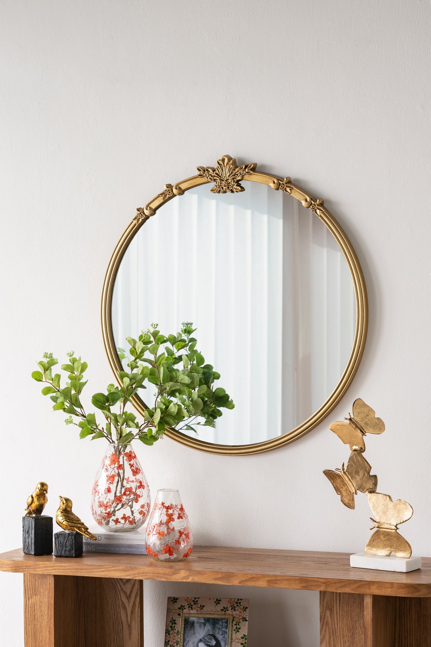 30x31" Round Wall Mirror with Gold Finish and Decorative Leaf Crest