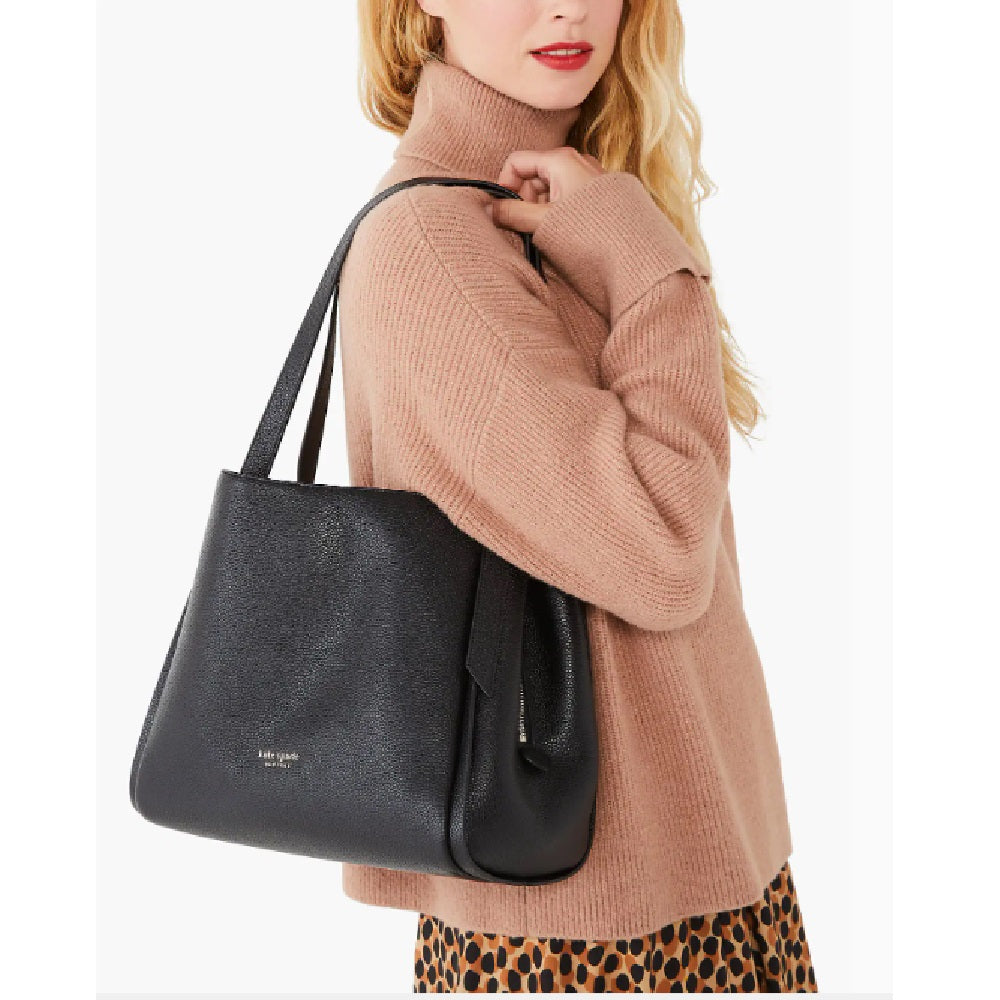 Bolsa de ombro grande de couro Kate Spade Knott feminina, preta, tamanho regular