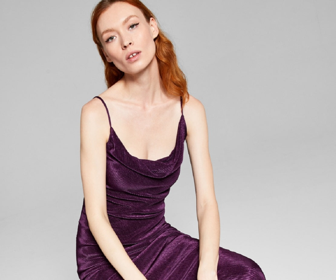 E agora este vestido feminino listrado assimétrico roxo tamanho médio