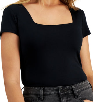 E agora este body feminino de manga curta com decote quadrado, preto, tamanho médio