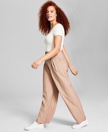 E agora esta calça texturizada de perna larga de cintura alta feminina, tamanho grande, marrom